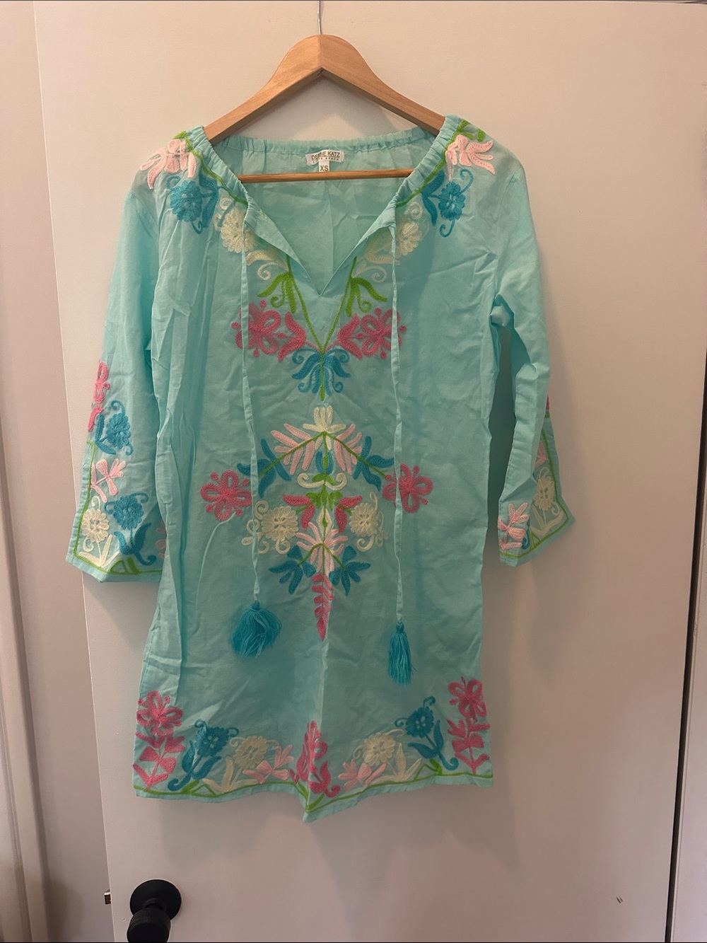 Aqua Embroidered V-Neck Beach Coverup with Tassels